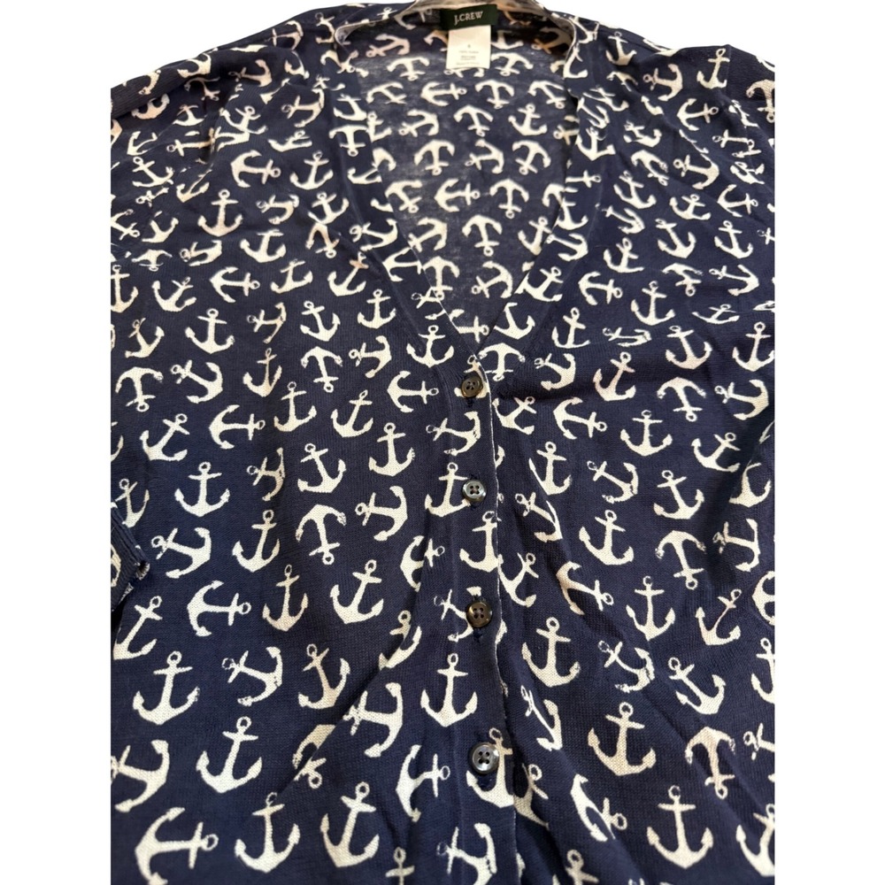J Crew Navy White Anchor Print Cardigan Sweater Women's Size S V Neck Button Up - Picture 3 of 6